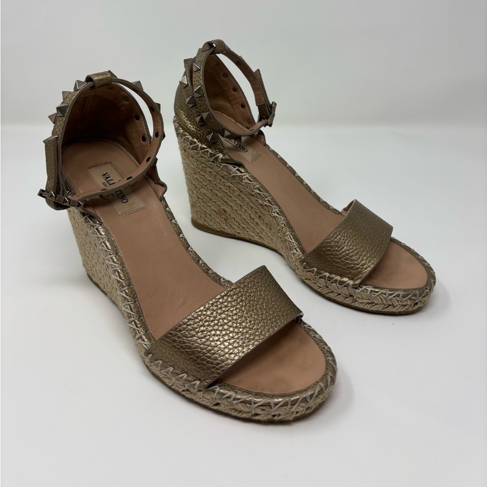 Valentino Metallic Gold Studded Ankle-Strap Wedge Sandals Size EU 39 US 9